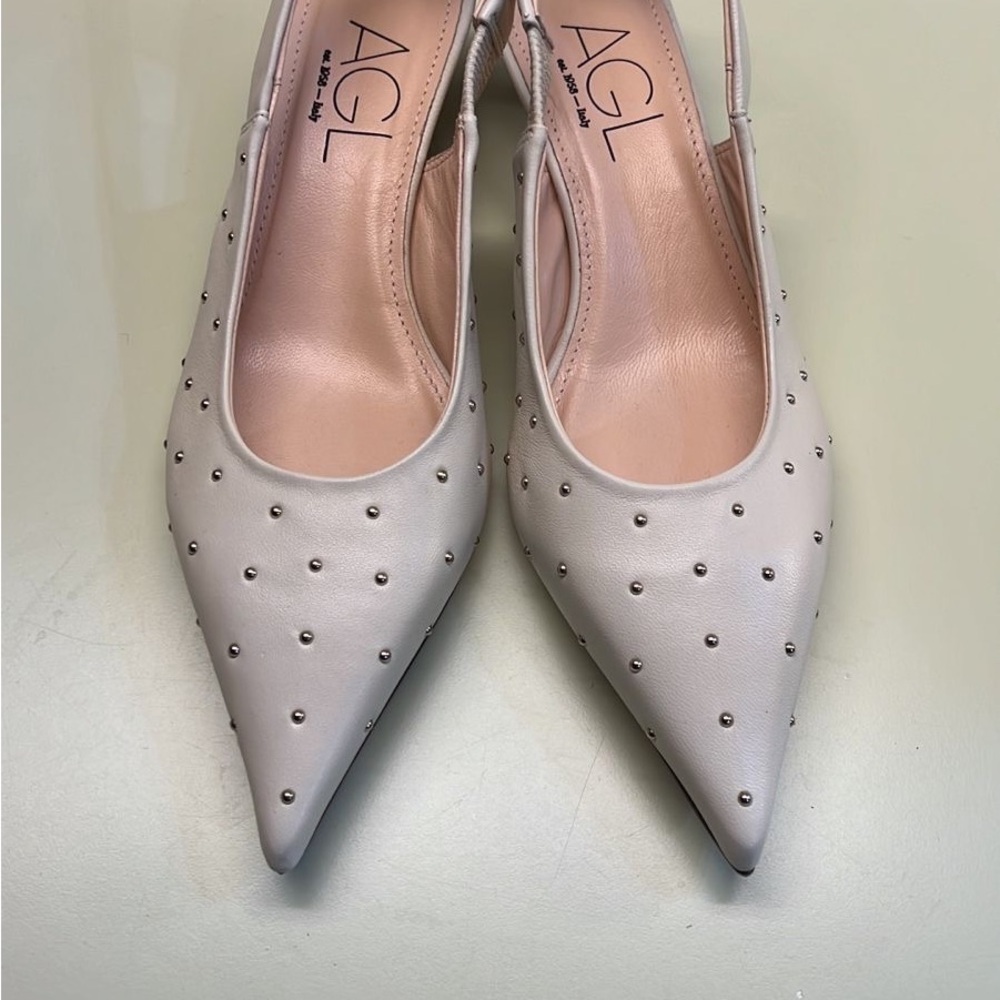 AGL Made in Italy White Studded Kitten Heel Slingback Pumps New With Tags - Picture 2 of 9